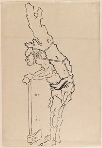 Bir balta üzerinde oturan ve sırtında bir ağaç gövdesinin bir kısmını taşıyan bir adamın çizimi (kağıt üzerine mürekkep) by Katsushika Hokusai