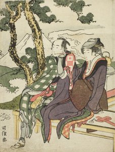 Eight Views of Tragic Lovers olarak bilinen isimsiz diziden Date no Yosaku ve Seki no Koman için Evening Glow by Katsushika Hokusai