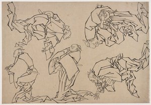 Beş müzisyen davul çalıyor, 18. yüzyılın sonları ve 19. yüzyılın başlarında. by Katsushika Hokusai