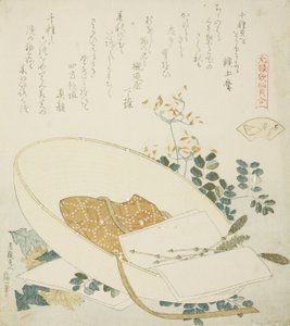 Bir Gezginin Şapkasında Taze Toplanmış Çiçekler, Bin Otlu Kabuk için illüstrasyon by Katsushika Hokusai