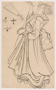 18. yüzyılın sonlarında ve 19. yüzyılın başlarında bir savaş kuşu ve raketle oynayan kız. by Katsushika Hokusai