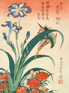 Kingfisher, İris ve Pembeler, pub. Nishimura Eijudo, c.1832, on baskıdan biri, (chuban boyutu, renkli tahta blok) by Katsushika Hokusai