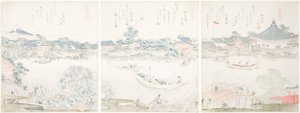 "Atların Seçimi (Uma zukushi)" serisinden Komagata Salonu ve O-umaya Nehri Bankası, by Katsushika Hokusai