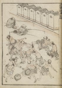 Güreş ve balık tutan erkekler (tahta baskı) by Katsushika Hokusai