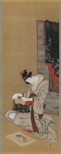 Yeni Yıl Özel: Yeni Yıl Sabahında Makyaj, Edo dönemi, c.1806-11 (ipek üzerine mürekkep ve renk) by Katsushika Hokusai