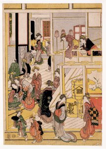 Çayevinin Yeni Yıl Günleri Ogi-ya, c.1810 (tahta baskılar) (ayrıca bkz. 406534, 406535 ve 406536) by Katsushika Hokusai