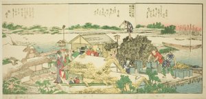 "Sumida Nehri Kıyılarında Panoramik Manzaralar (Ehon Sumidagawa ryogan ichiran)" adlı resimli kitaptan sayfalar by Katsushika Hokusai