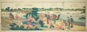 "Sumida Nehri Kıyılarında Panoramik Manzaralar (Ehon Sumidagawa ryogan ichiran)" adlı resimli kitaptan sayfalar by Katsushika Hokusai