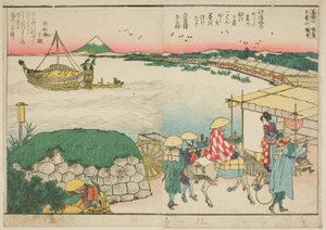 "Sumida Nehri Kıyılarında Panoramik Manzaralar (Ehon Sumidagawa ryogan ichiran)" adlı resimli kitaptan sayfalar by Katsushika Hokusai