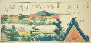 "Sumida Nehri Kıyılarında Panoramik Manzaralar (Ehon Sumidagawa ryogan ichiran)" adlı resimli kitaptan sayfalar by Katsushika Hokusai