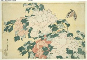 Şakayık ve Kelebek, isimsiz bir dizi büyük çiçekten by Katsushika Hokusai