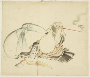 Oturan Hotei Pipo İçiyor, yaklaşık. 1815-1849 (kağıt üzerinde mürekkep ve renk) by Katsushika Hokusai