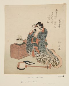 Shamisen Oyuncu Saçını Düzeltiyor (renkli tahta baskı) by Katsushika Hokusai