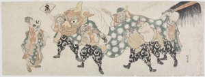 Aslan Dansı Yapan Altı Erkek Tanrı, 1797-1819 (renkli tahta baskı) by Katsushika Hokusai