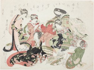 Bir kuş kafesi etrafında oturan altı kadın by Katsushika Hokusai