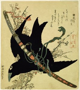 Minamoto klan kılıcı ile Küçük Kuzgun, c.1823 (renkli gravür) by Katsushika Hokusai