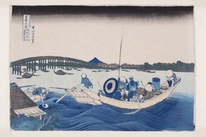 Onmaya Setinden Ry?goku Köprüsü üzerinde gün batımını izlemek (Onmayagashi yori Ry?goku-bashi no sekiy? o miru) (renkli tahta baskı) by Katsushika Hokusai
