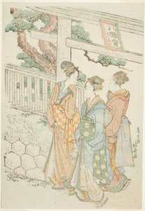 Hachiman tapınağının ziyaretçileri by Katsushika Hokusai