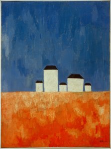 Beş ev ile manzara by Kazimir Severinovich Malevich