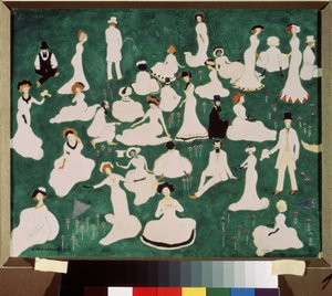 Gevşeme. Silindir şapkalı yüksek sosyete. (Rahatlatıcı. Silindir Şapkalı Yüksek Sosyete). Bir parkın bahçesinde eğlence ve rahatlama sahnesi. Kasimir Severinovich Malevitch (Malevich, Malevic) (1878-1935), suluboya, guaj ve mürekkep üzerine çalışma by Kazimir Severinovich Malevich