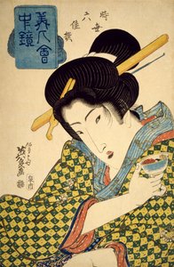 Elinde fincan olan genç bir kadının yarım boy portresi, yaklaşık 1830, Keisai Eisen (1790-1848) tarafından ukiyo-e, güzel kadın serisi ile ayna, altı çağdaş güzellik seçimi, oban şekilli gravür, Japon uygarlığı, Edo dönemi ( 1603-1868) by Keisai Eisen