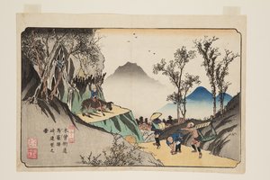 No. 44, Magome İstasyonu: Geçitten Uzak Görünüm (Magome eki, t?ge yori enb? no zu) (renkli tahta baskı) by Keisai Eisen