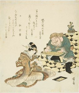 Abaküslü Daikoku ve Kolunda Fare Koşan Kadın by Keisai Eisen