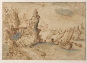 Balıkçı gemileri ile hayali kıyı sahnesi, 1575-1633