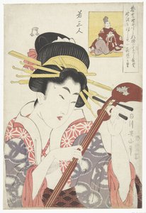 Shamisen olan kadın Üç genç şair (dizi adı) Waka sanjin (nesne üzerinde dizi başlığı) by Kikugawa Eizan