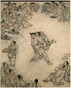 Seyirciler ve bir şekerleme satıcısı ile geleneksel güreş sahnesi. Danwon (Kim Hongdo) (1745-1806), kağıt üzerine mürekkep, Coreen sanatı, Joseon (Choson) dönemi 18. yüzyıl. Kore Ulusal Müzesi, Seul (Güney Kore).