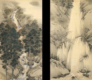 İlkbahar ve Sonbaharda Şelale İki asılı parşömen seti, 1893 by Kishi Chikudo