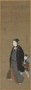Çiçekli Dal Taşıyan Bir Çocukla Yürüyen Adam, c. 1810. by Kitagawa Fujimaro