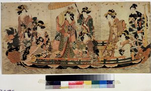 Kiraz çiçeklerine hayran kalın (Hanami) (Cherry Blossom Viewing, Hanami). Kitagawa Utamaro II (?-1831) tarafından basılmıştır. Renkli gravür, 37 x 76 cm. Doğu sanatı. Puşkin Müzesi, Moskova