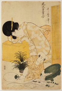 "Modaya Uygun Çocukların Karşılaştırılması" dizisinden çocuğu balık kasesini devirirken uyuklayan bir anne by Kitagawa Utamaro