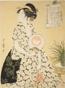 Yaz Kimonosu Giyen Güzellik, "Utamaro Tarzında Dokuma Brokarın Yeni Desenleri" ("Nishiki-ori Utamaro-gata-shinmoyo") serisinden by Kitagawa Utamaro