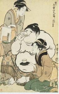 Daidozan Bungoro, bebek dahisi, rakip çayevi garsonları tarafından çay ve bisküvi ikram ediliyor by Kitagawa Utamaro