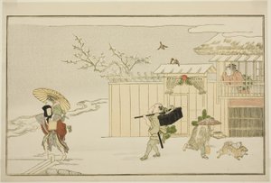 "Genç Tanrı Ebisu (Waka Ebisu)" resimli kyoka antolojisinden Karda Yeni Yıl Hediyeleri Vermek by Kitagawa Utamaro