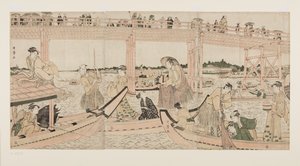 Rygoku Köprüsü Altında Ağlı Balıkçı Tekneleri (renkli tahta baskı) by Kitagawa Utamaro