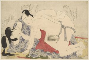 Genç evli çift bir yaz uyku minderi üzerinde sevişiyor Negai no itoguchi (dizi adı) by Kitagawa Utamaro