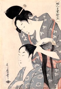 ""La Coiffeuse"" (Kuaför) (Kamiyui) Gravür de Kitagawa Utamaro (1753-1806) - c 1798 - Renkli gravür - 38x27,6 - Güney Avustralya Sanat Galerisi by Kitagawa Utamaro