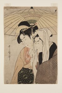 Şemsiye Altında Erkek ve Kadın (renkli tahta baskı) by Kitagawa Utamaro