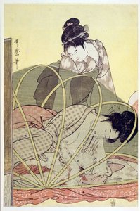 Sivrisinek Ağı altında Bebek Emziren Anne Utamaro, Kitagawa (1753-1806), c. 1795 - Renkli gravür, 37,6x24,6 - Özel Koleksiyon by Kitagawa Utamaro