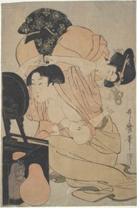 Emziren bebek ve görevli ile anne by Kitagawa Utamaro