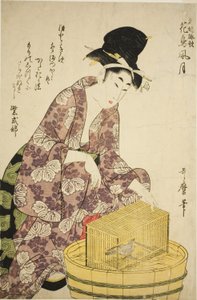 Murasaki Shikibu: Kuş, "Ünlü Kadınlar ve Çiçekler, Kuşlar, Rüzgar ve Ay Üzerine Şiirleri (Meifu eika kacho fugetsu)" dizisinden by Kitagawa Utamaro