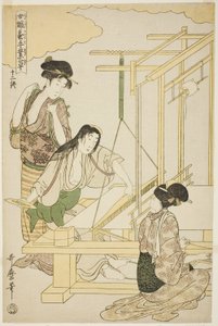 12 (haziran), "İpek Kültürü Sektöründe İş Yapan Kadınlar (Joshoku kaiko tewaza-gusa)" dizisinden by Kitagawa Utamaro