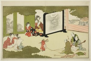 "Genç Tanrı Ebisu (Waka Ebisu)" başlıklı resimli bir şiir antolojisinden Eğitimli Bir Maymun Performansı by Kitagawa Utamaro