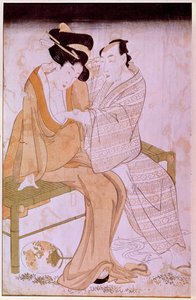 Bir bankta birbirini okşayan Japon bir çiftin temsili. Utamaro Kitagawa