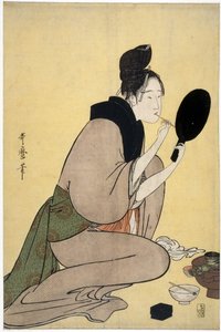 Güzellik üzerine: dudaklarını oluşturan kadın - Bijin-ga. Dudaklarına makyaj yapan kız, Utamaro, Kitagawa (1753-1806), - Renkli gravür, 37.7x25.2 - Özel Koleksiyon by Kitagawa Utamaro
