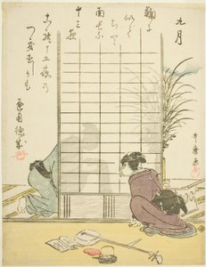 Dokuzuncu Ay (Kugatsu), on iki aylık tür sahnelerinin isimsiz dizisinden, kyoka şiirleriyle by Kitagawa Utamaro