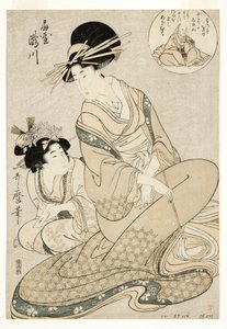 Ogiya'dan fahişe Takigawa ve hizmetçisi şaire imada, 1800-02 (tahta blok) by Kitagawa Utamaro